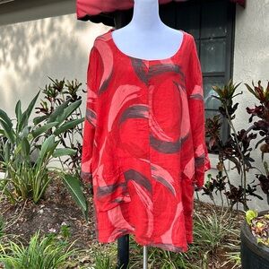 Transparente Tunic Red Linen with Geometric shapes. Size 2.